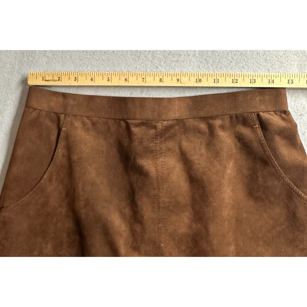70s Brown Suede Leather Midi Skirt Lined Pockets Slit Western Boho Sz Medium VTG - Picture 2 of 9